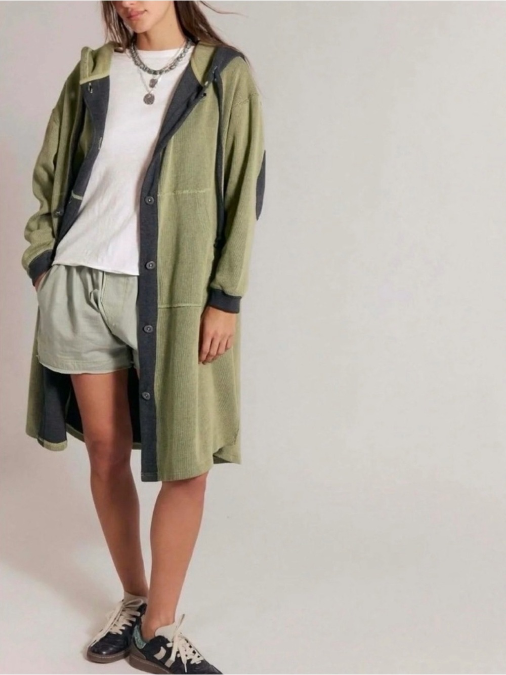 Free People TOMORROW'S SWEATSHIRT IN SAGE GREEN Hooded Longline Cardigan